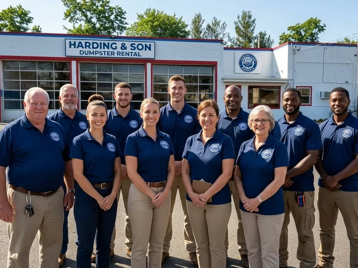The Harding & Son Dumpster Rental crew with a roll-off truck and container in Norwalk, CT