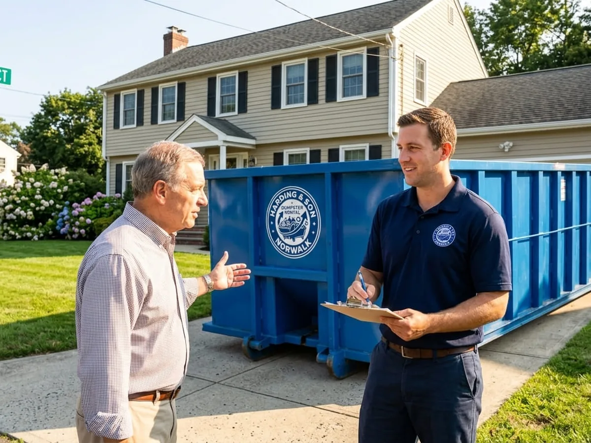Harding & Son Dumpster Rental roll-off truck delivering a container in Norwalk, CT